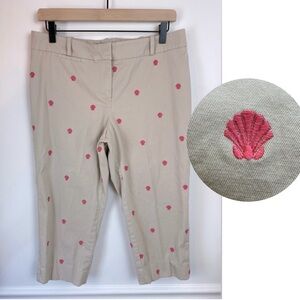 TALBOTS Petite Beige Khaki Signature Capri W Pink Seashell Embroidery | Size 10P